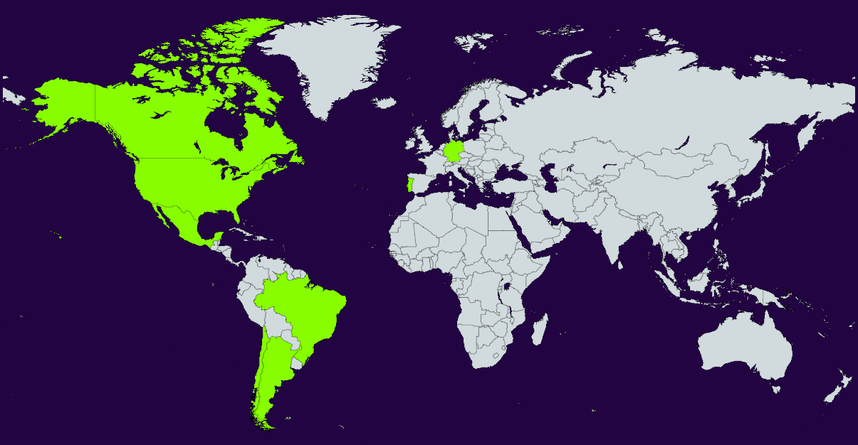 Mapa-múndi com a América do Norte, o Brasil, a Argentina, Portugal e a Alemanha destacados em verde